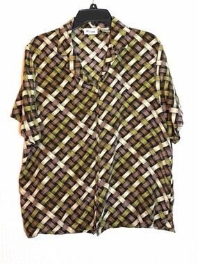 Vintage Riva Silk Blouse Womens L Green Brown Lattice Print Forest Button Front